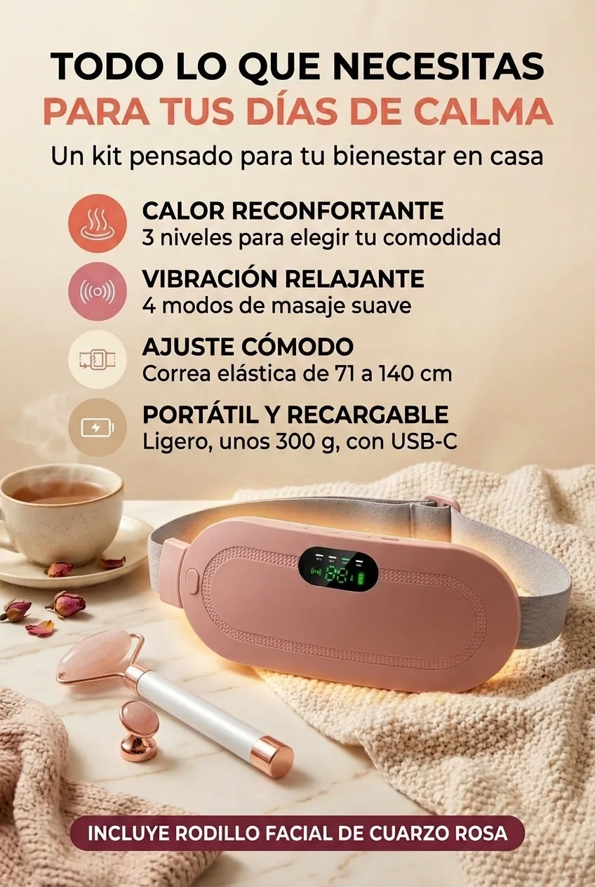 Cinturón térmico con vibración y rodillo facial de cuarzo rosa: calor, vibración, ajuste cómodo y recargable por USB-C