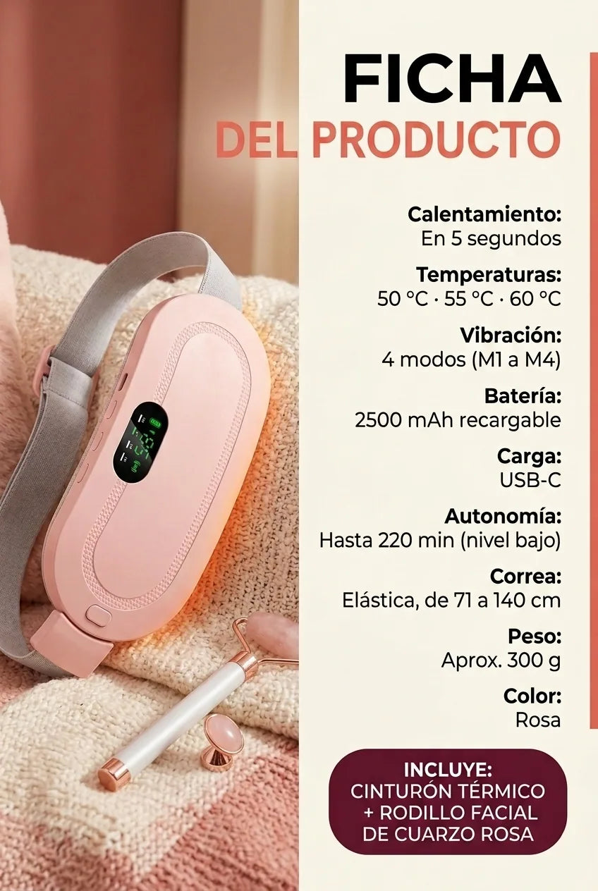 Ficha técnica del cinturón térmico con vibración e incluye rodillo facial de cuarzo rosa