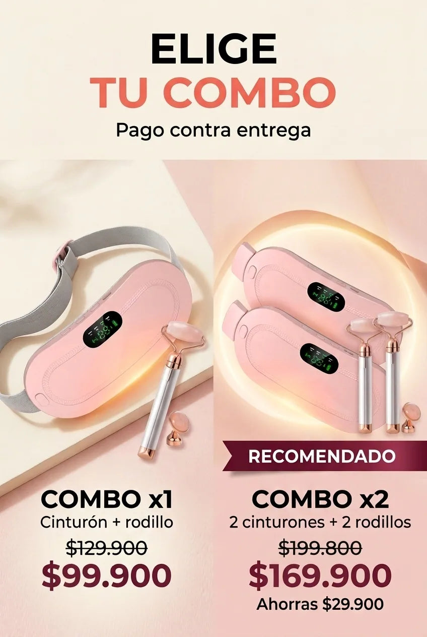 Combos del cinturón térmico con rodillo facial de cuarzo rosa: combo x1 $99.900 y combo x2 $169.900