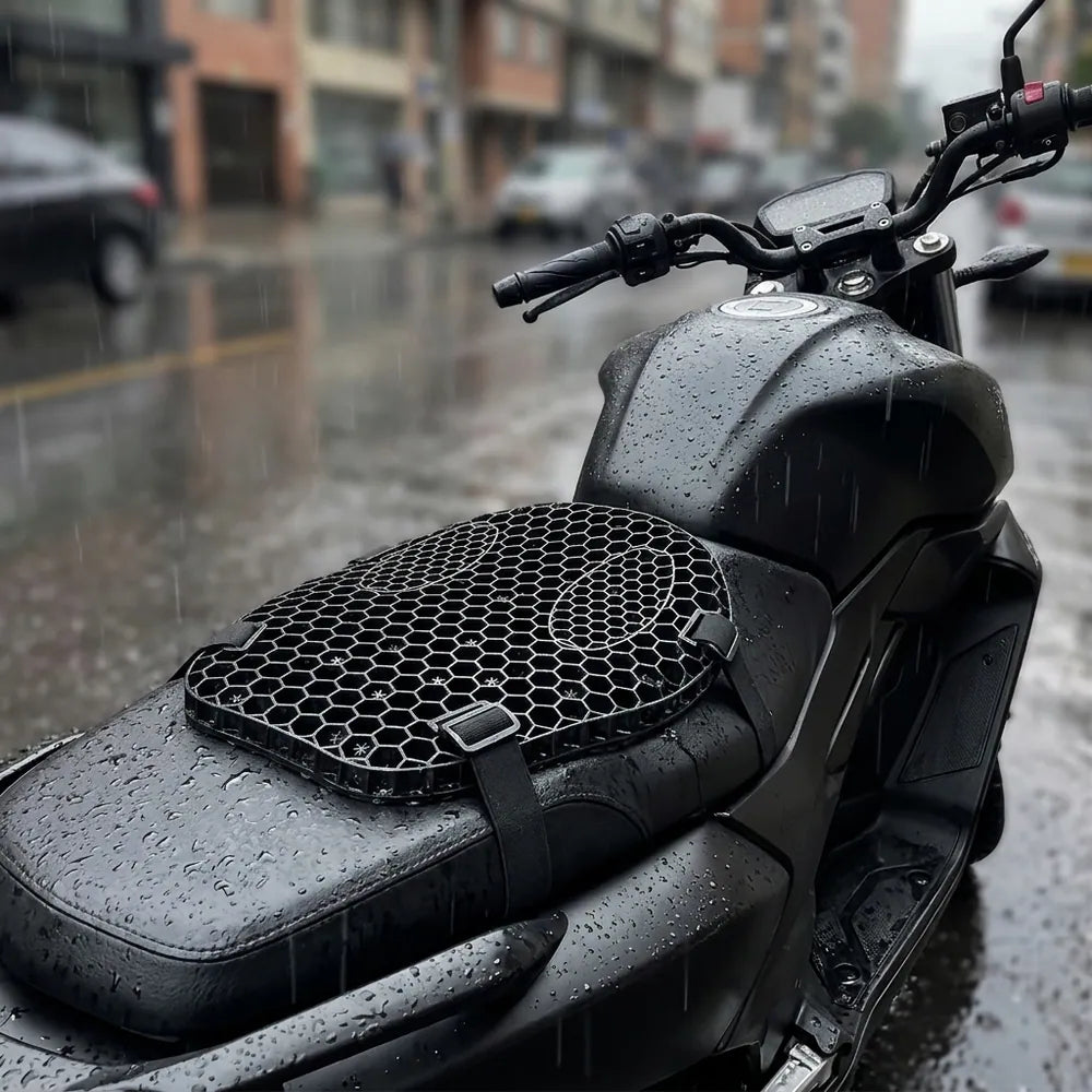 El agua de la lluvia se escurre por las celdas abiertas del cojín sobre el asiento